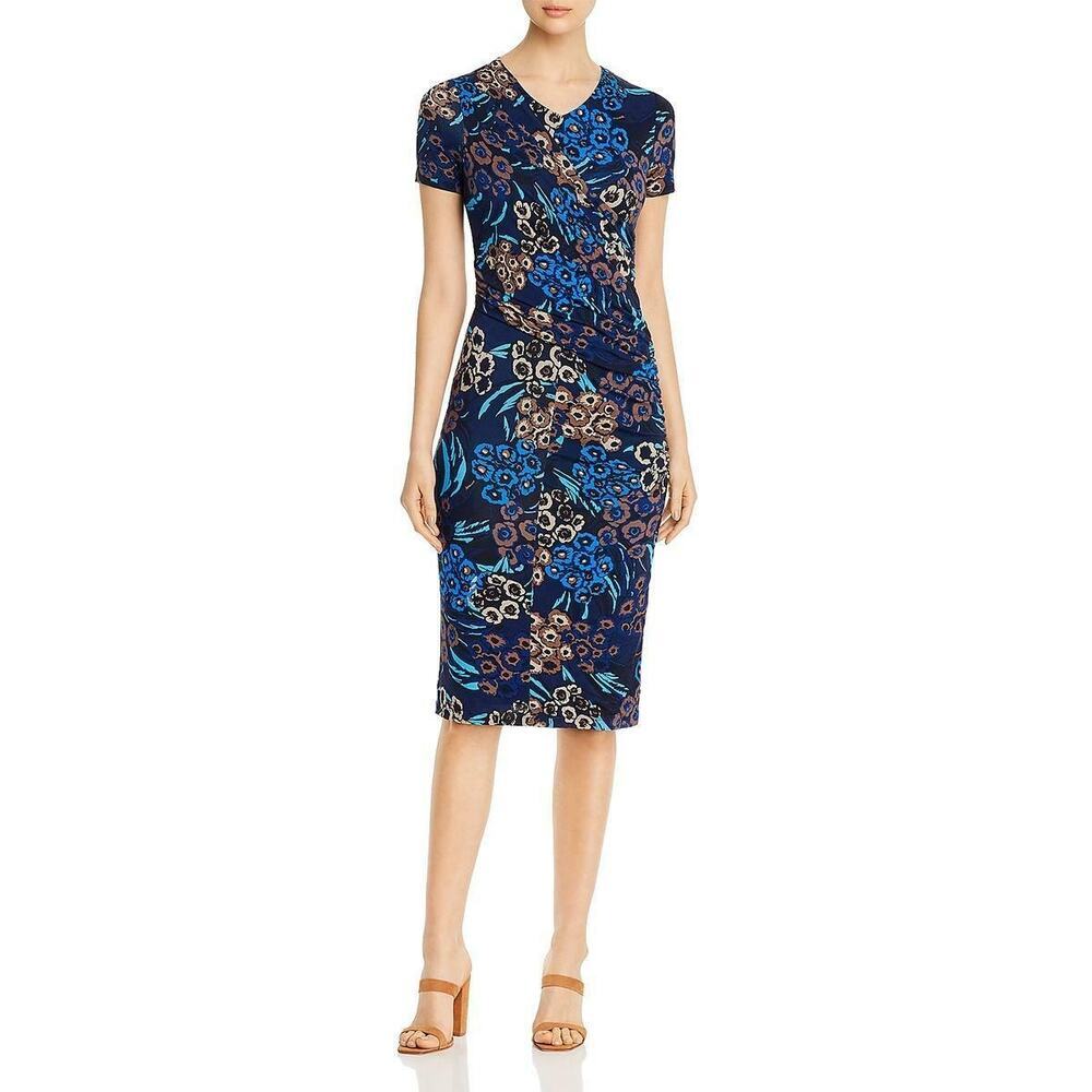 BOSS Hugo Boss Blue Multicolor Floral Midi Wrap Dress V-Neck Short Sleeve Sz M - Picture 1 of 11